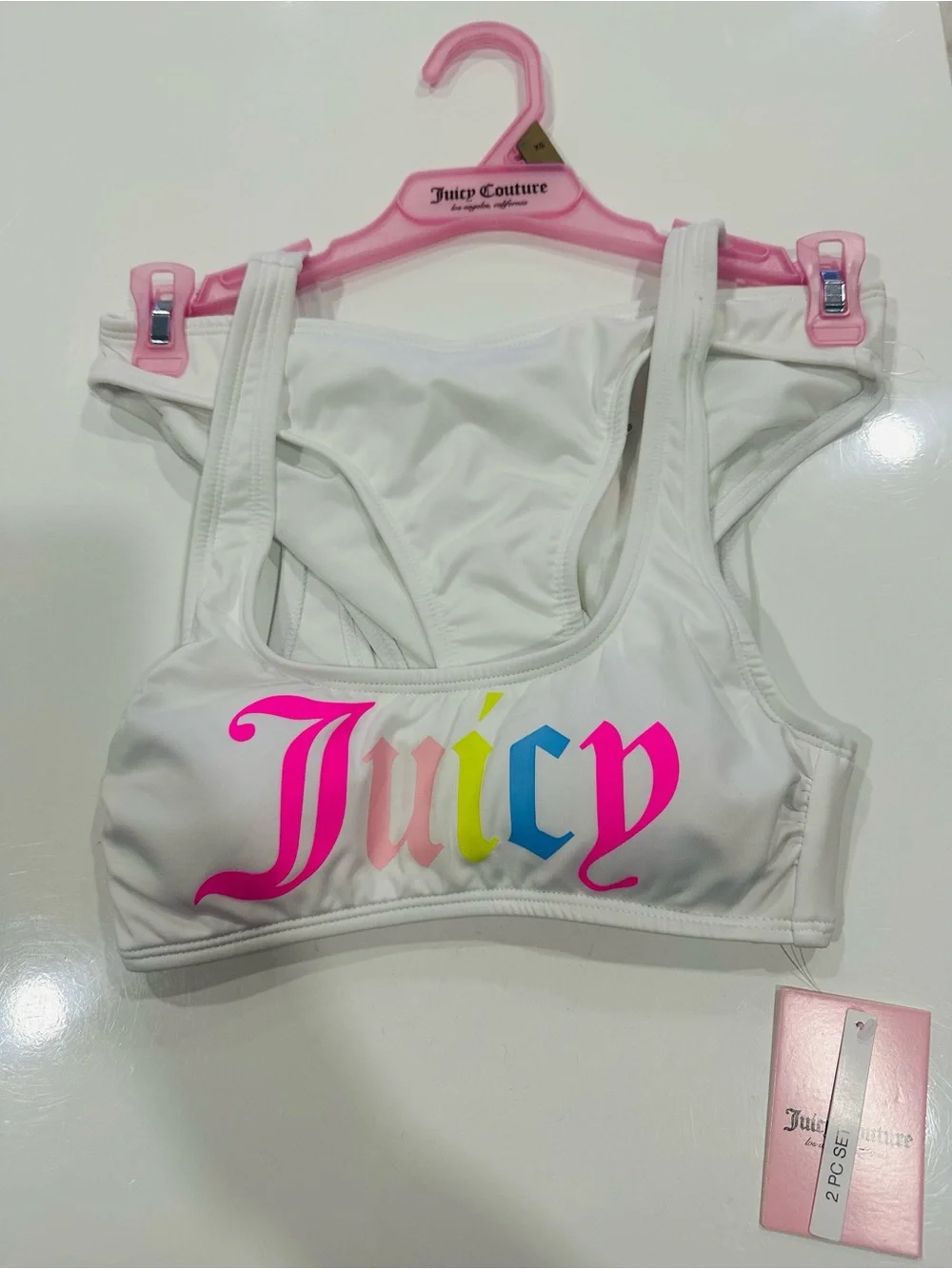 Juicy Couture White Bikini Top with Neon Multicolor 'Juicy' Script